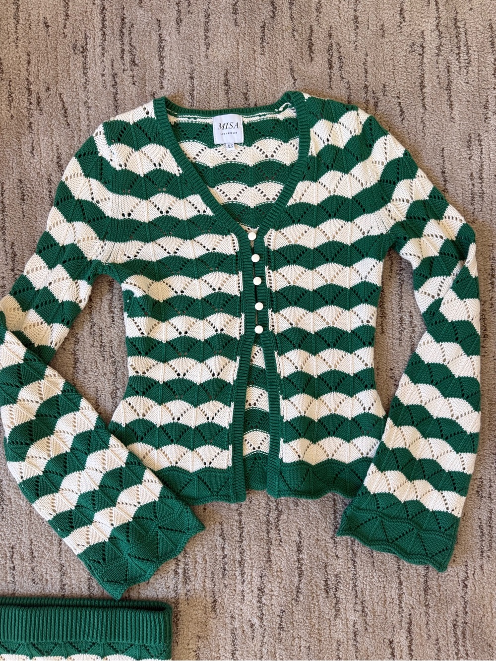 Misa Los Angeles Green and Cream Knit Skirt, Cardigan & Bralette Set - Picture 11 of 14